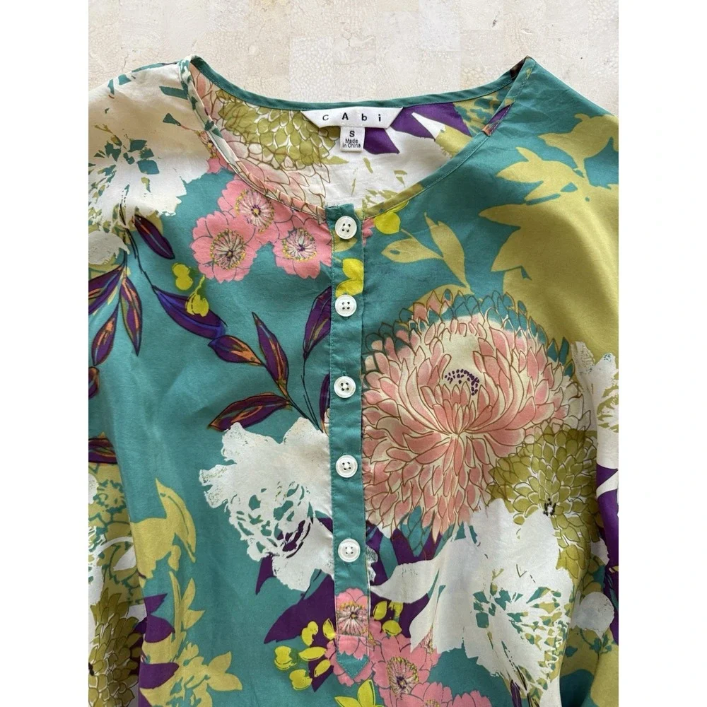 CAbi Poetry Tunic Top Women Small Silk‎ Floral Asian Relaxed Artsy Boho Kimono - Picture 2 of 10